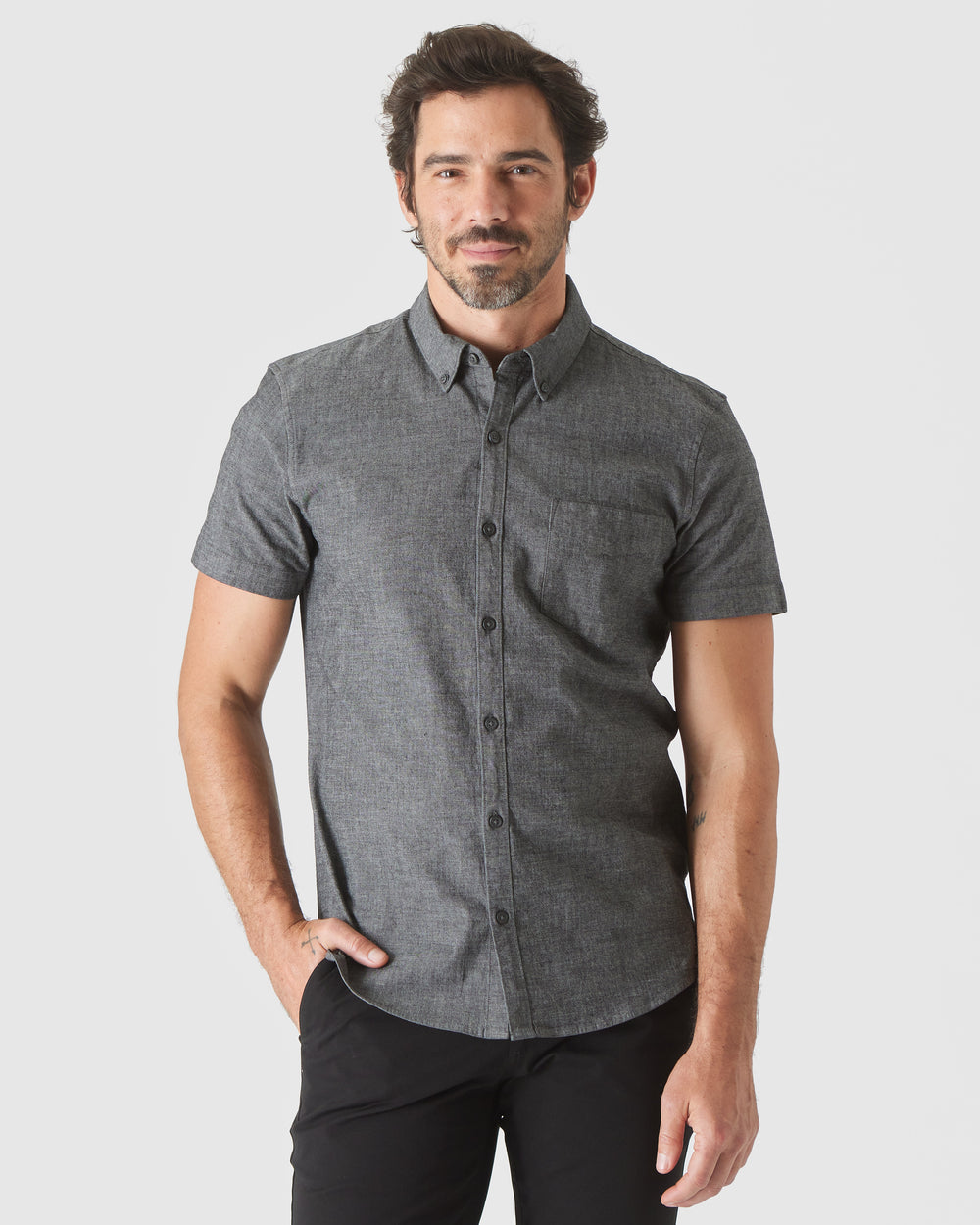 Black Wash Short Sleeve Stretch Chambray Shirt