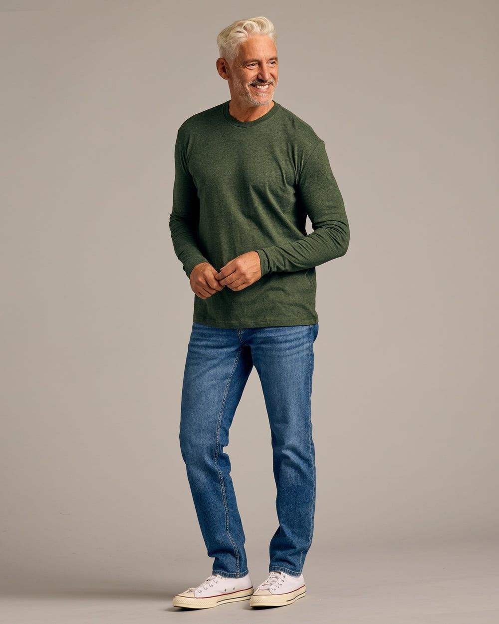 Dark Heather Olive Long Sleeve Crew Neck Tee