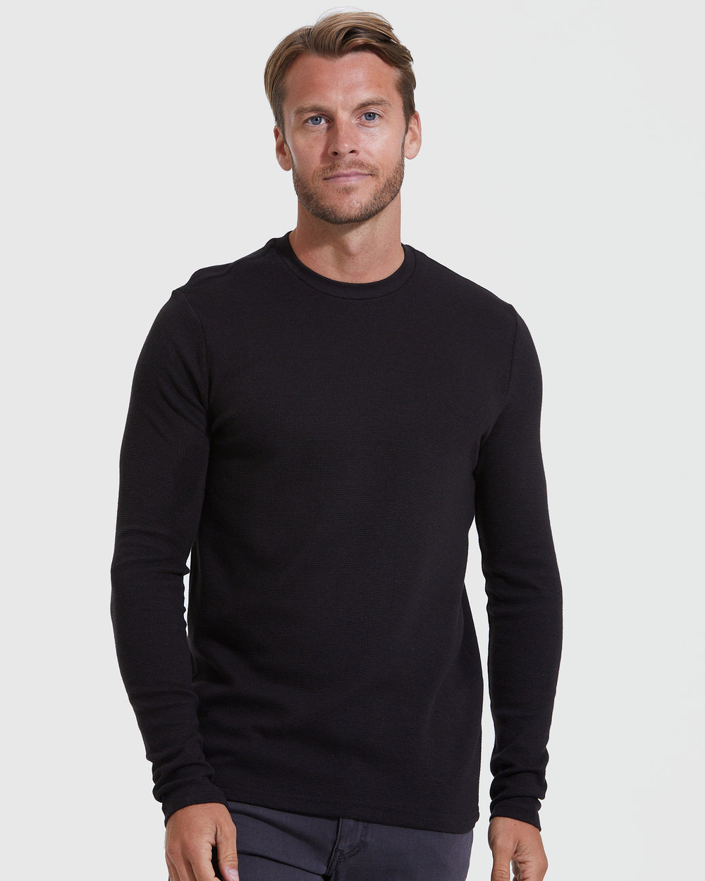 Black Waffle Long Sleeve Crew Neck