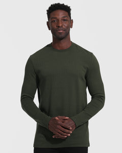 True ClassicDark Olive Waffle Long Sleeve Crew Neck