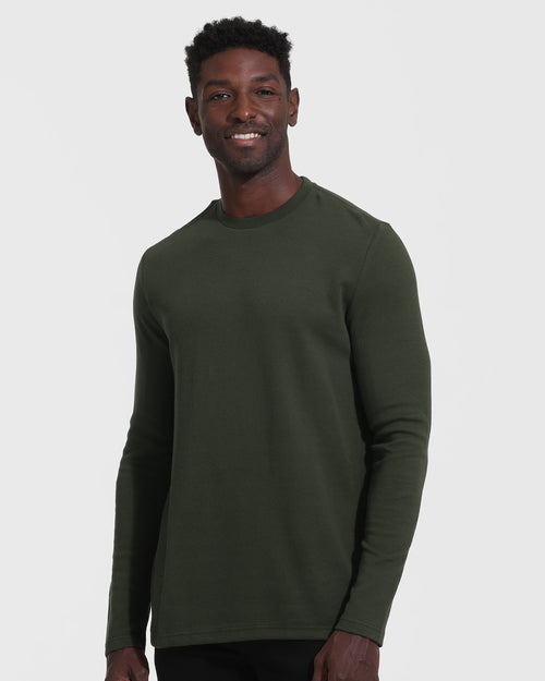 Dark Olive Waffle Long Sleeve Crew Neck