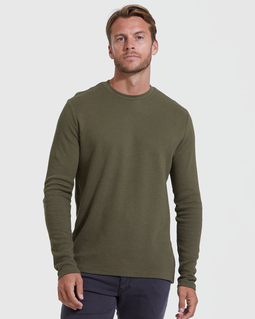 Military Green Waffle Long Sleeve Crew Neck