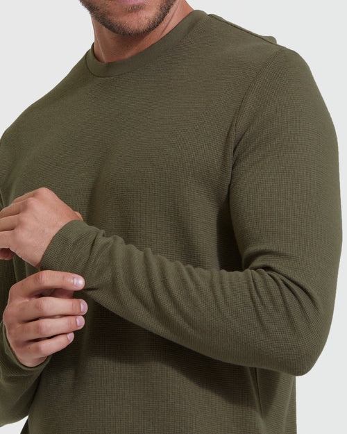 Military Green Waffle Long Sleeve Crew Neck