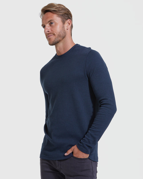 Navy  Waffle Long Sleeve Crew Neck