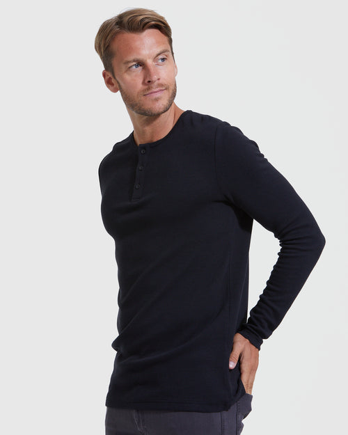 Black Waffle Long Sleeve Henley